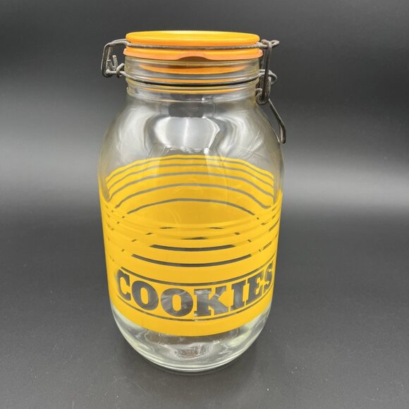 Large Vintage Retro 3L Glass Cookie Jar Yellow Striped France 1970s VG to EUC - Picture 1 of 16